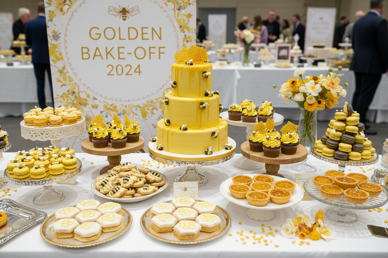 a table of various cakes and sweets like it was part of a competition. Give the cakes and sweets and bee theme