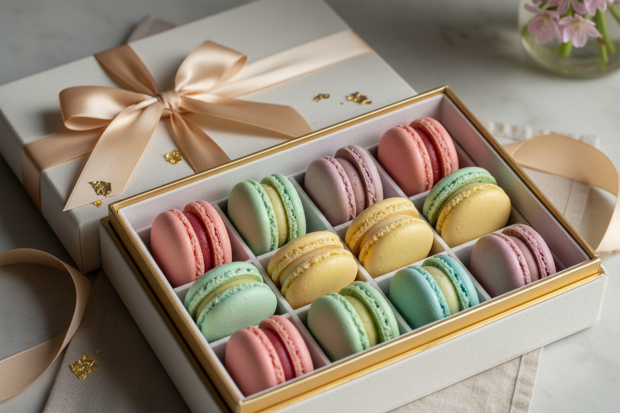 beautifully designed box with 12 macarons in it