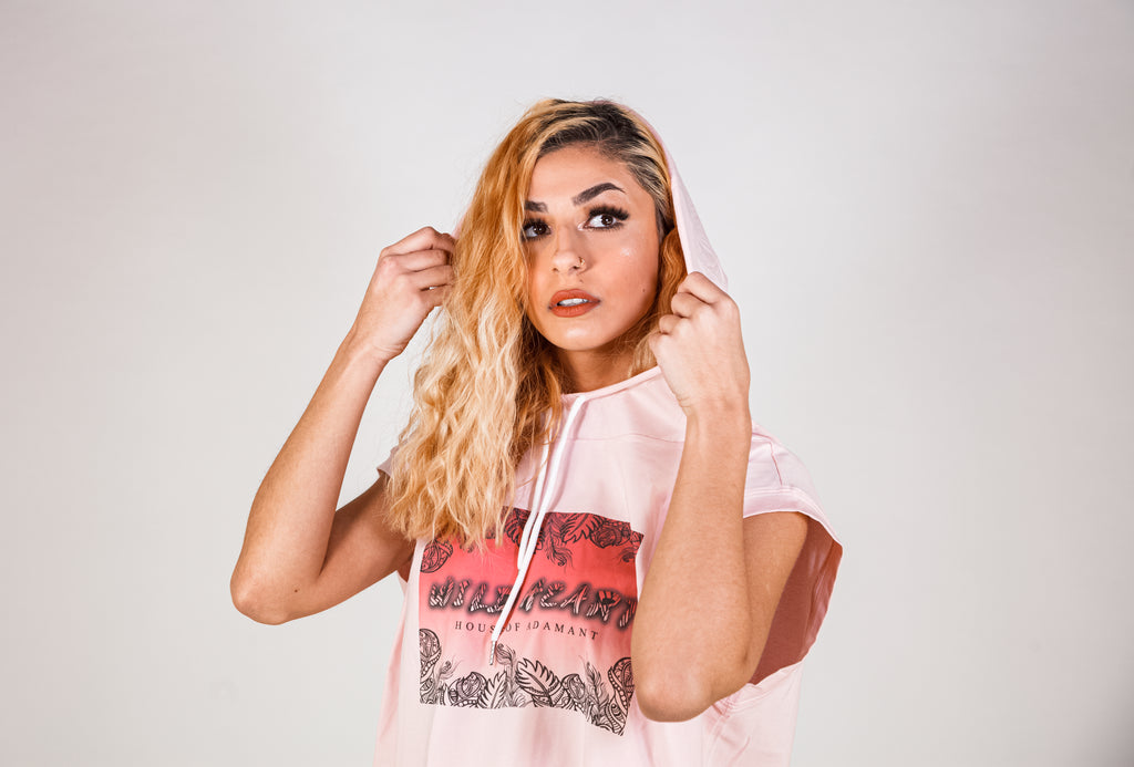Short Sleeve Pink Hooded Crop Top