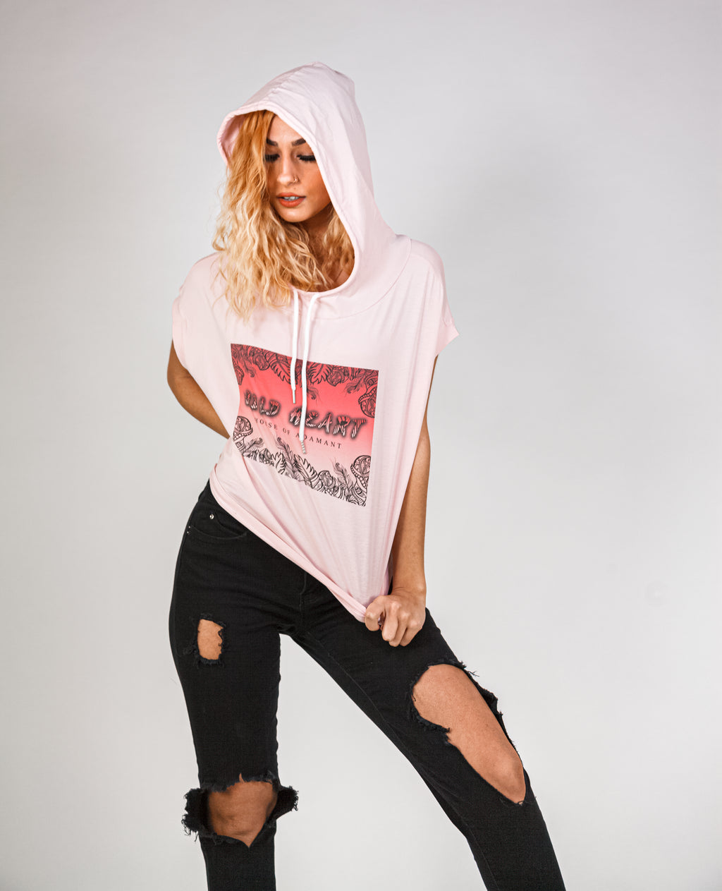 Short Sleeve Pink Hooded Crop Top