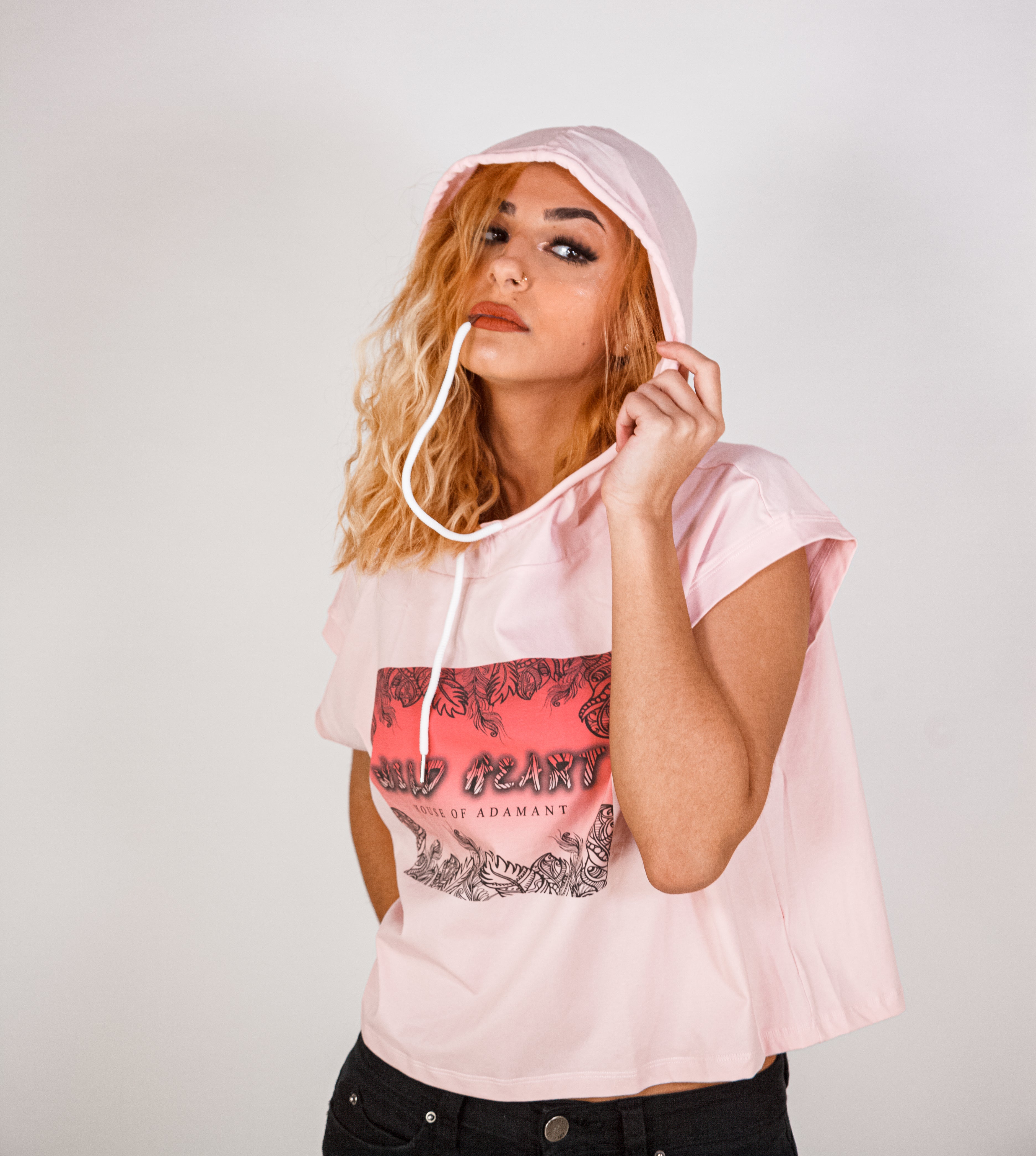 Short Sleeve Pink Hooded Crop Top